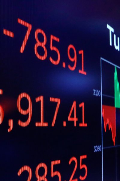 A board above the trading floor of the New York Stock Exchange shows the closing number for the Dow Jones Industrial Average, March 3, 2020. The Federal Reserve slashed their benchmark interest rate on Sunday to try to blunt the damage the coronavirus outbreak has have on the U.S. economy.