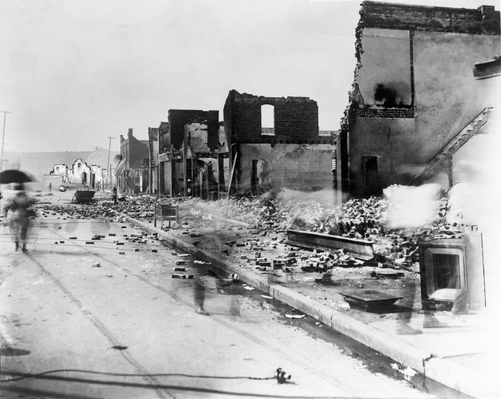 Destroyed buildings in the wake of the Tulsa Race Massacre