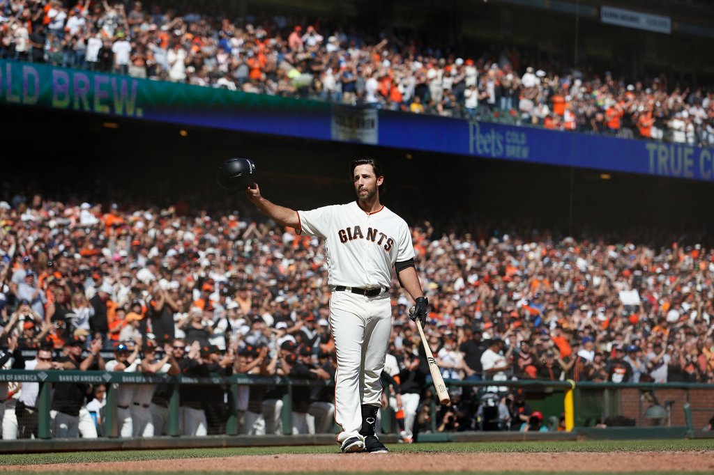 Madison Bumgarner acknowledges the fans at Oracle Park.