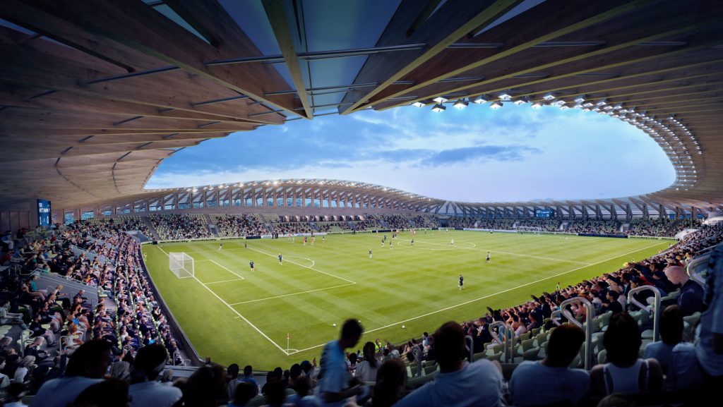 Imagen computarizada del diseño del estadio Eco Park en Inglaterra, diseñado por Zaha Hadid Architects
