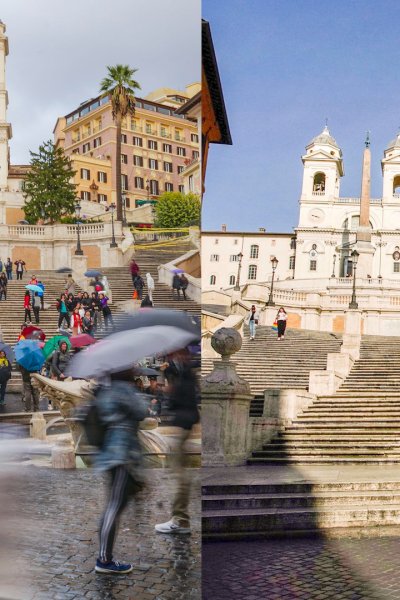 Before and after photo of the spanish steps in rome