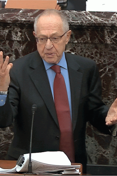In this image from video, Alan Dershowitz, an attorney for President Donald Trump answers a question during the impeachment trial against Trump in the Senate at the U.S. Capitol in Washington, Wednesday, Jan. 29, 2020.