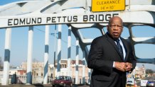 Rep. John Lewis, D-Ga., stands on the Edmund Pettus Bridge in Selma, Ala., in between television interviews on Feb. 14, 2015. Rep. Lewis was beaten by police on the bridge on "Bloody Sunday" 50 years ago on March 7, 1965, during an attempted march for voting rights from Selma to Montgomery.
