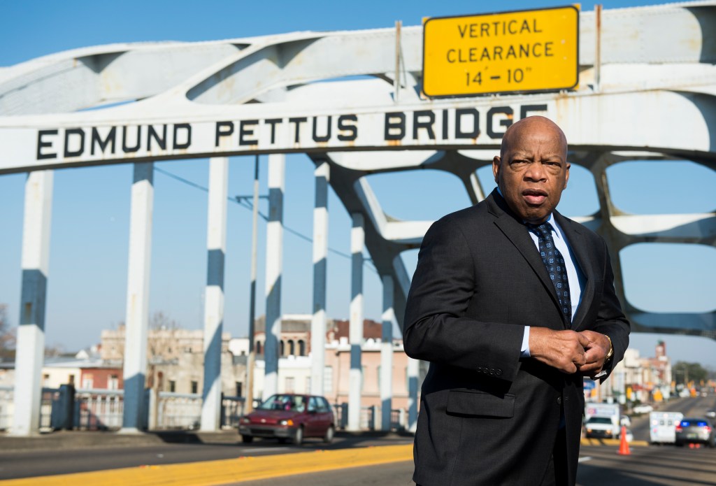 Rep. John Lewis, D-Ga., stands on the Edmund Pettus Bridge in Selma, Ala., in between television interviews on Feb. 14, 2015. Rep. Lewis was beaten by police on the bridge on "Bloody Sunday" 50 years ago on March 7, 1965, during an attempted march for voting rights from Selma to Montgomery.
