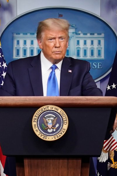 U.S. President Donald Trump speaks during a news conference in the briefing room of the White House in Washington, DC