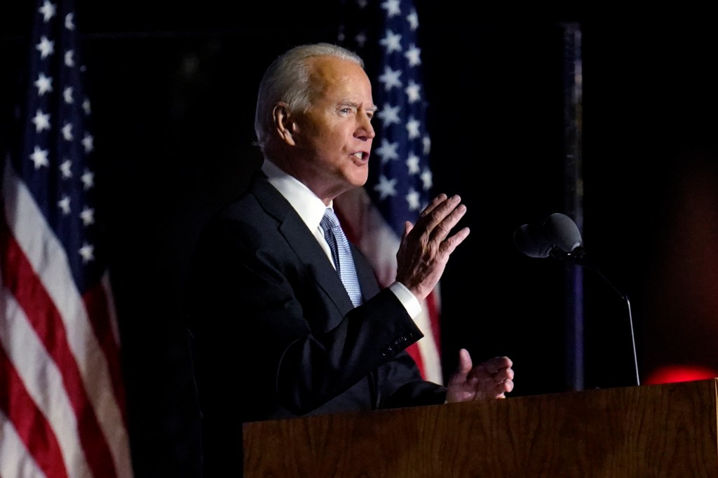 President-elect Joe Biden speaks in Wilmington, Del., Saturday, Nov. 7, 2020.