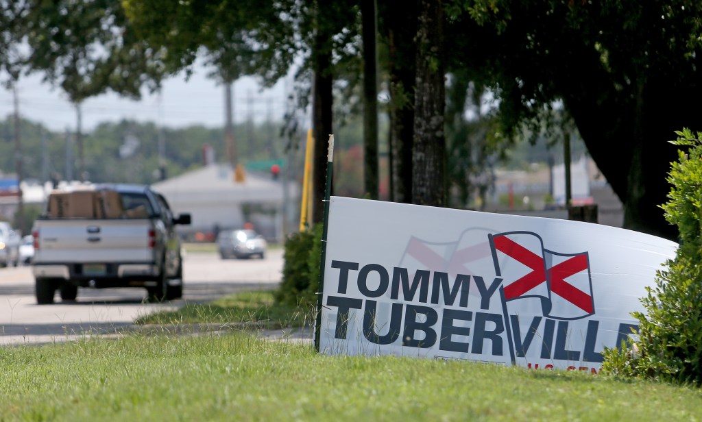 A Tommy Tuberville campaign sign on Three Notch Road during Election Day on July 14, 2020 in Mobile, Alabama. 