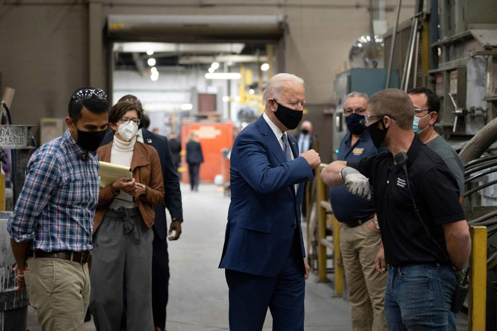 Democratic Presidential Candidate Joe Biden visits an aluminum manufacturing facility in Manitowoc, Wisconsin, on September 21, 2020.