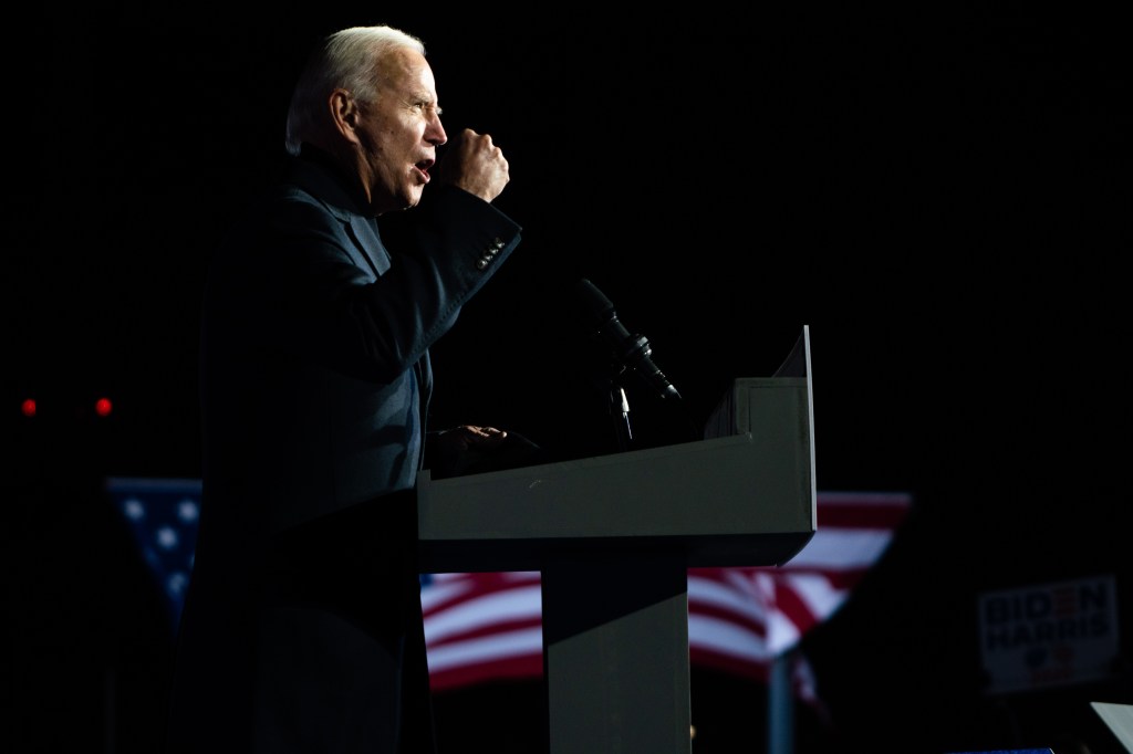 Former Vice President and presidential nominee Joe Biden speaks during a mobilization event at Belle Isle Casino in Detroit, Michigan on October 31, 2020.