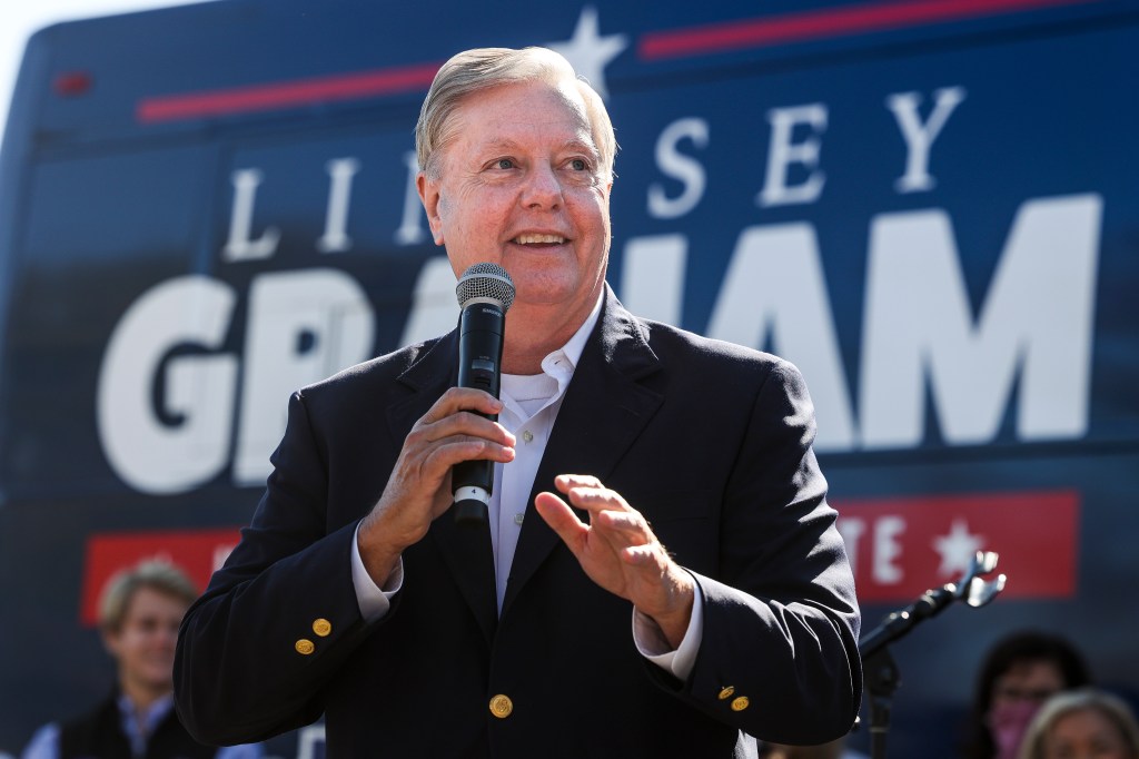 Incumbent candidate Sen. Lindsey Graham (R-SC) speaks to supporters during a campaign bus tour on November 2, 2020 in Rock Hill, South Carolina. 