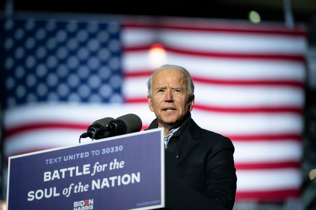 Democratic presidential nominee Joe Biden speaks during a drive-in campaign rally at Heinz Field on November 02, 2020 in Pittsburgh, Pennsylvania. 