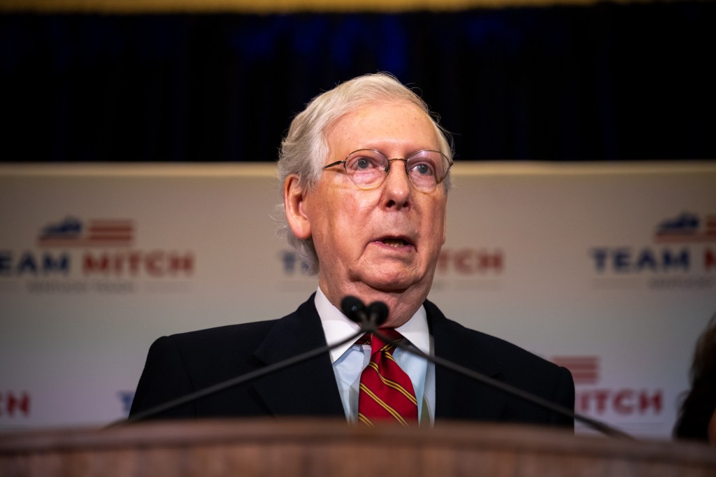 Senate Majority Leader Mitch McConnell (R-KY), gives election remarks at the Omni Louisville Hotel on November 4, 2020 in Louisville, Kentucky.