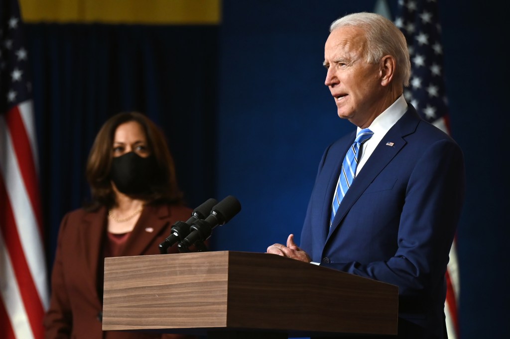 Democratic Presidential candidate Joe Biden, flanked by US Democratic vice presidential nominee and Senator from California, Kamala Harris