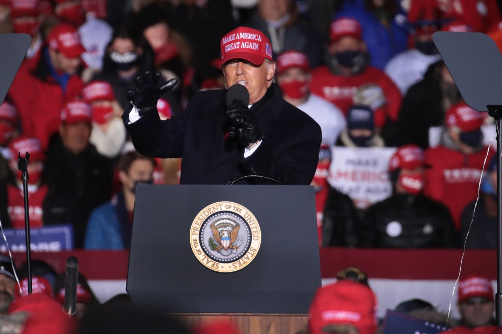 President Donald Trump speaks to supporters during a campaign rally at the Kenosha Regional Airport on November 02, 2020 in Kenosha, Wisconsin. 
