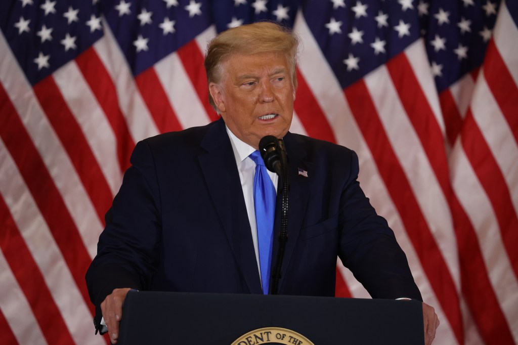 President Donald Trump speaks on election night in the East Room of the White House in the early morning hours of November 04, 2020 in Washington, DC.