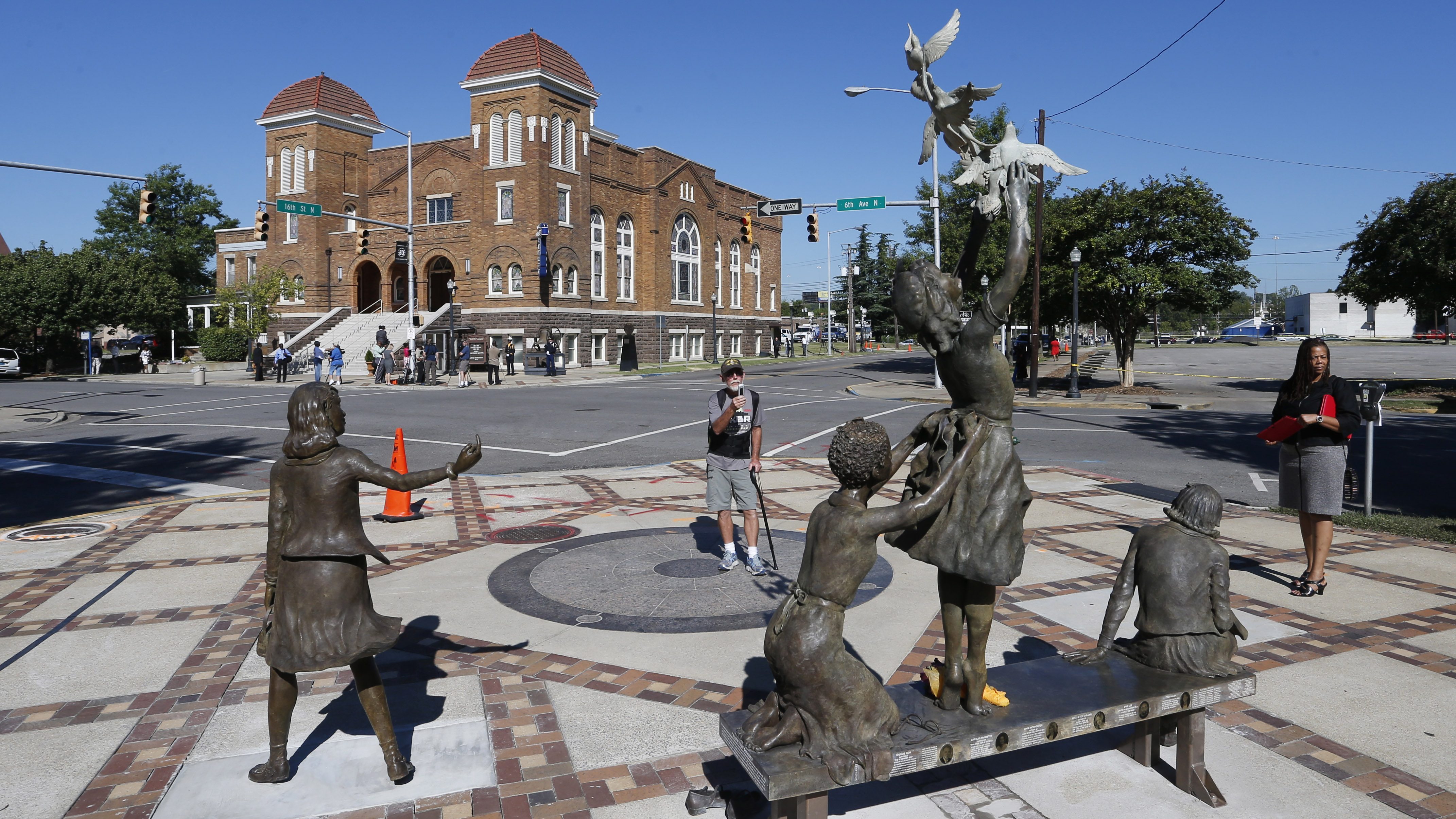 The Four Spirits statue in Birmingham’s Kelly Ingram Park memorializes the victims of the 16th Street Baptist Church bombing — Denise McNair, Carole Robertson, Addie Mae Collins and Cynthia Wesley