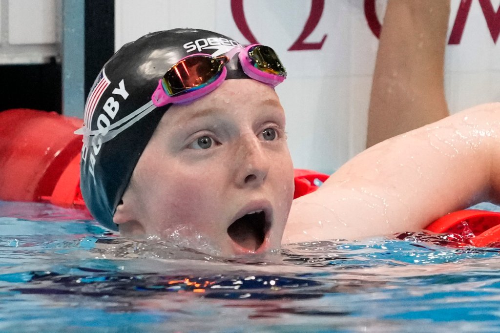 Lydia Jacoby, of the United States, reacts after winning the final of the women's 100-meter breaststroke at the 2020 Summer Olympics on July 27, 2021, in Tokyo, Japan.