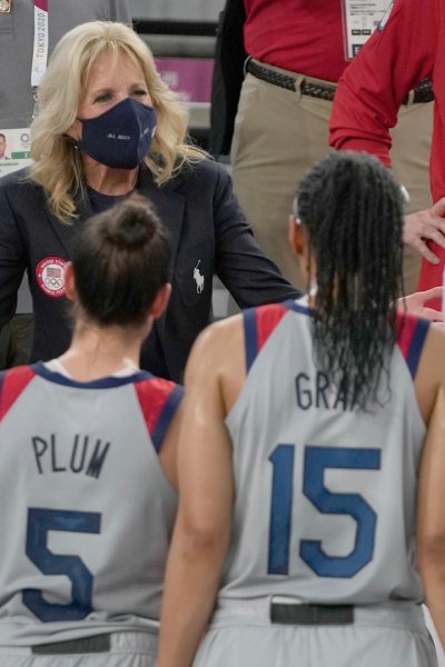Jill Biden talks to the 3x3 basketball U.S. women's team