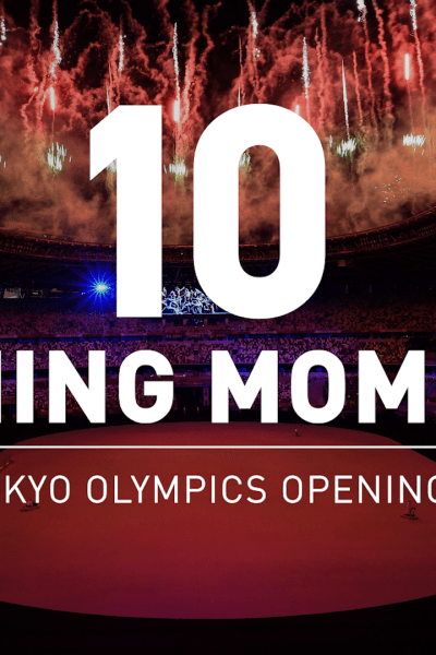 Words reading '10 winnng moments from the Tokyo Olympics Opening Ceremony'