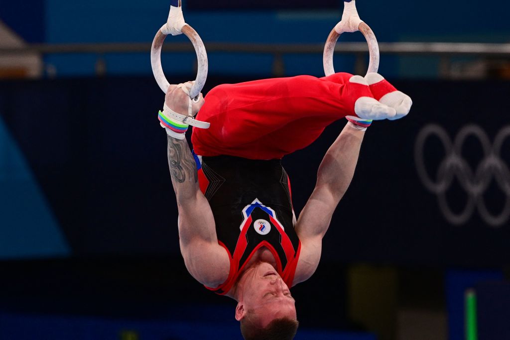 Russia's Denis Abliazin competes successful  the rings lawsuit   of the creator  gymnastics men's qualification