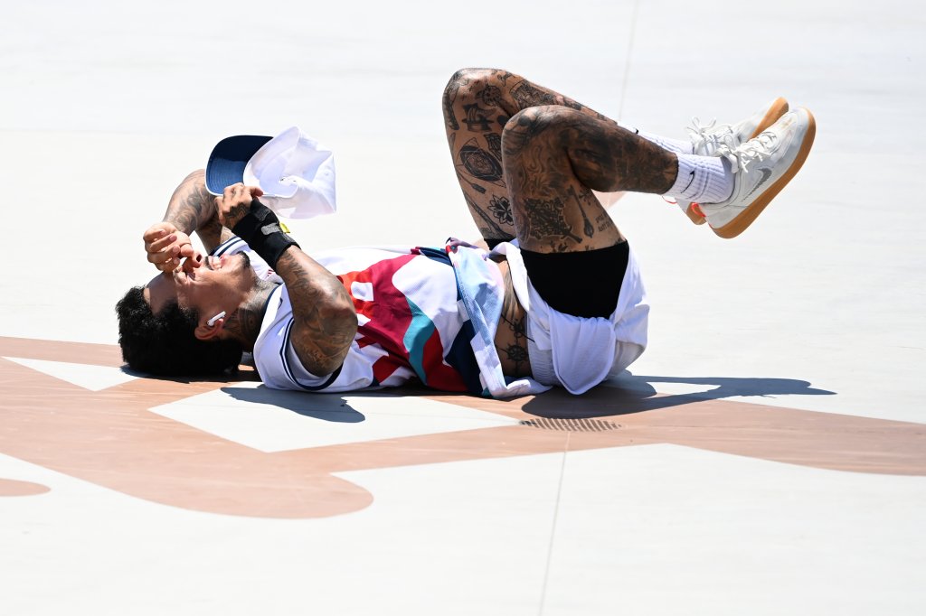 Nyjah Huston wipes out at the mens skateboarding street final at Aomi Urban Sports Park, Tokyo, July 25, 2021. Huston, who was considered a favorite for gold, did not manage to medal.