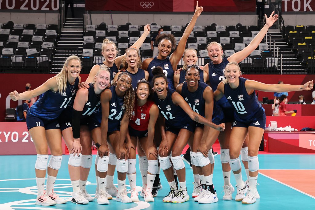 Team United States celebrates after defeating Team Argentina during the Women's Preliminary - Pool B on day two of the Tokyo 2020 Olympic Games at Ariake Arena on July 25, 2021 in Tokyo, Japan.