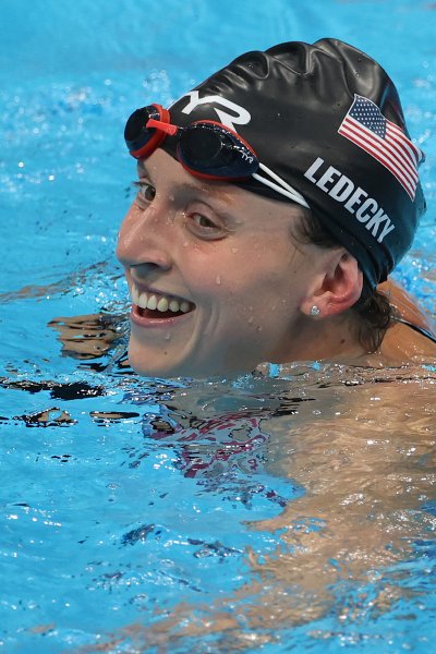 Katie Ledecky of Team United States reacts after winning gold in the Women's 800m Freestyle Final at Tokyo Aquatics Centre on July 31, 2021 in Tokyo, Japan.