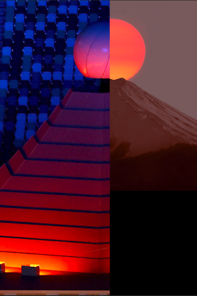 Split screen with Olympic cauldron and Mount Fuji in Japan.