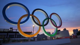 Olympic rings stand in the evening twilight.