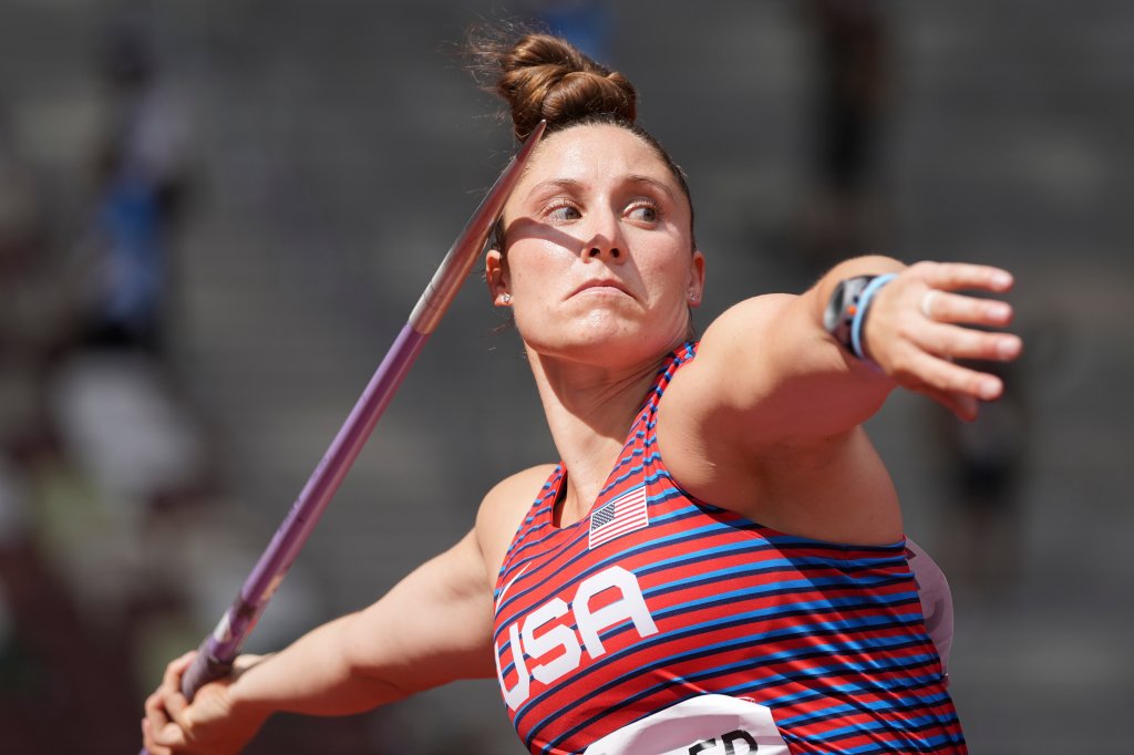 Kara Winger, of United States, competes in qualifications for the women's javelin throw at the 2020 Summer Olympics, Tuesday, Aug. 3, 2021, in Tokyo.