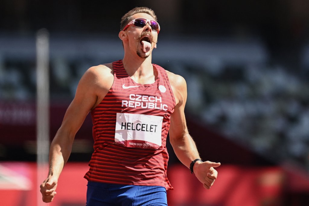 Czech Republic's Adam Sebastian Helcelet reacts after winning  the men's decathlon 110m hurdles during the Tokyo 2020 Olympic Games at the Olympic Stadium in Tokyo on Aug. 5, 2021. 