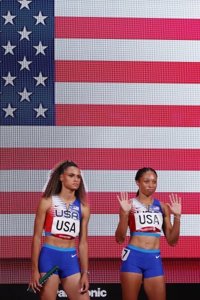 Team USA prepares to compete in the women's 4x400m relay final