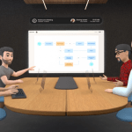 A mockup of avatars conducting a meeting in virtual reality on Facebook's Horizon Workrooms.