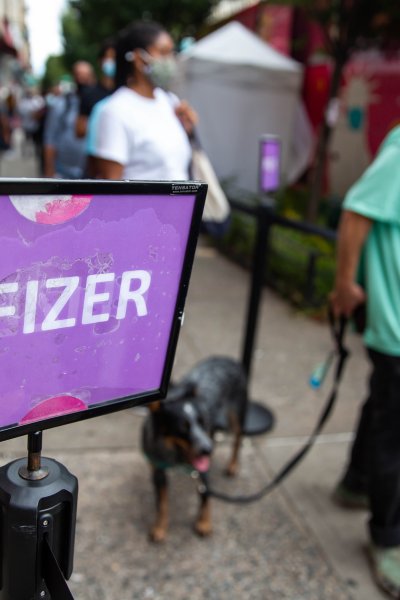 A Pfizer sign at vaccine site
