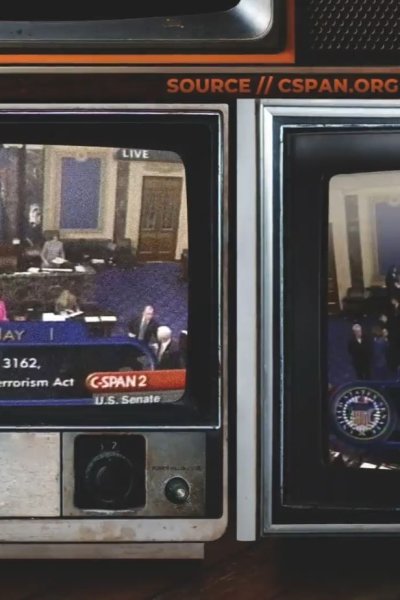 Image of the U.S. Senate floor from CSPAN in 2001 with a graphic reading "YEA 98 NAY 1"