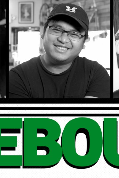 Three Black & White photos of smiling people on top with green bold text below reading "REBOUND"