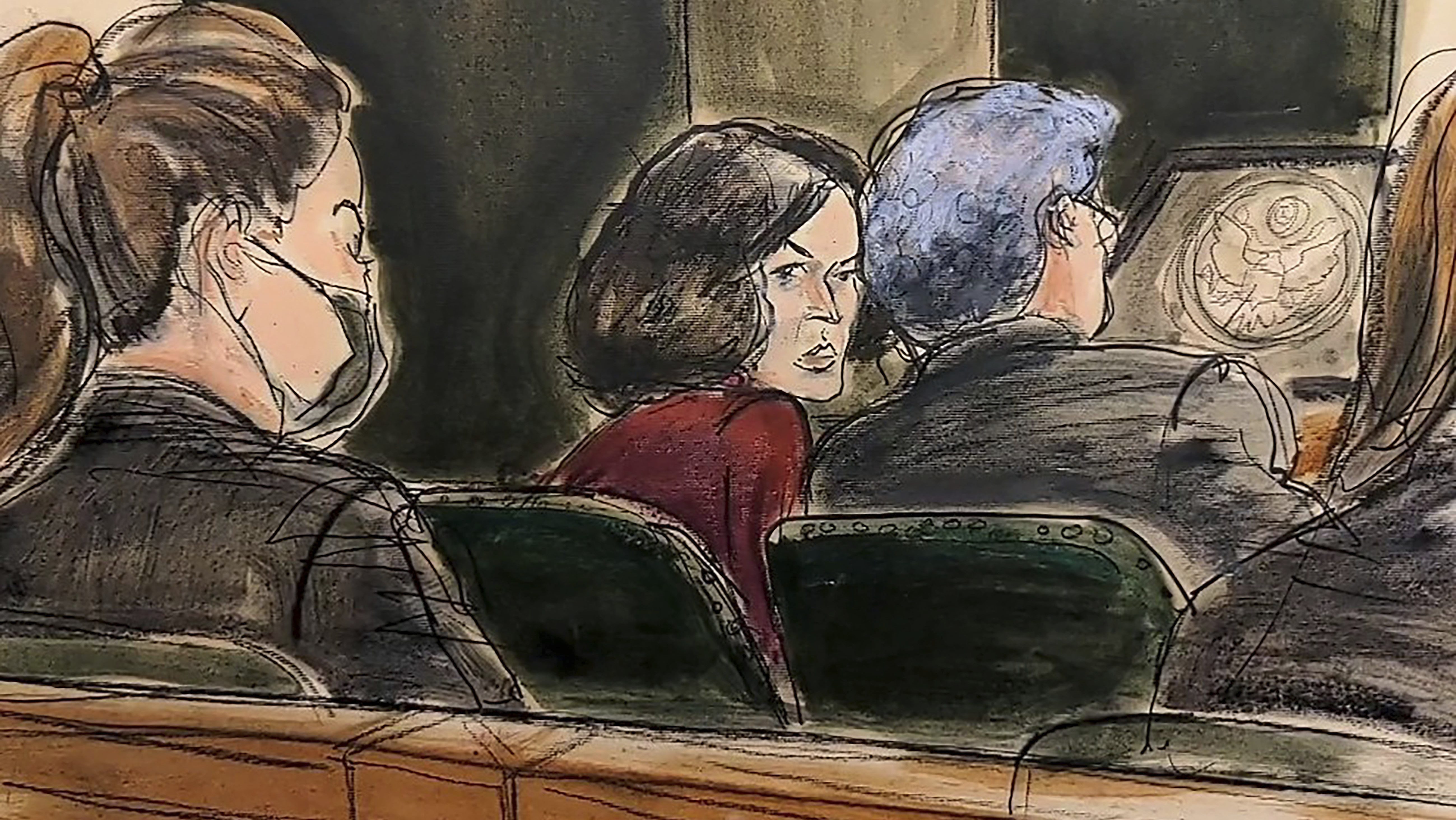 In this courtroom sketch, Ghislaine Maxwell center, confers with her defense attorney Jeffrey Pagliuca, right, before testimony begins in her sex-abuse trial, in New York, Wednesday, Dec. 8, 2021. Testimony continues in the trial of Ghislaine Maxwell, the British socialite accused of helping the millionaire Jeffrey Epstein sexually abuse underage girls.