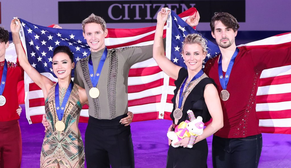 gold medalists Madison Chock (left) and Evan Bates, and bronze medalists Madison Hubbell and Zachary Donohue, all of the United States
