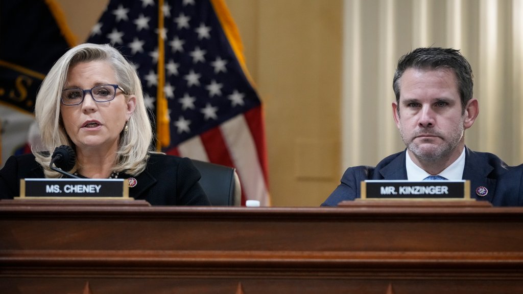 Rep.  Liz Cheney (R-Wyo.), Vice-Chair of the select committee investigating the January 6 attack on the Capitol, and Rep.  Adam Kinzinger (R-Ill.) Listens during a committee meeting on Capitol Hill on December 1st.  , 2021, in Washington, DC