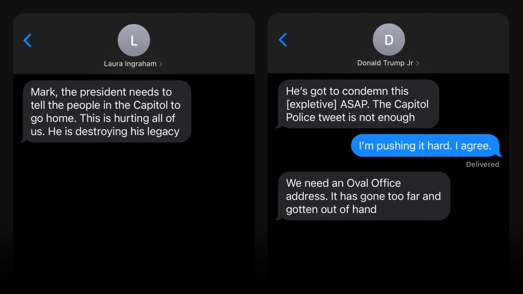 A recreation of text messages sent to former White House Chief of Staff Mark Meadows from Fox personality Laura Ingraham and Donald Trump, Jr., on Jan. 6, 2021, as read by Vice Chair Rep. Liz Cheney (R-Wyo.) during Congress' investigation into the January 6 attack on the Capitol on Dec. 13, 2021.