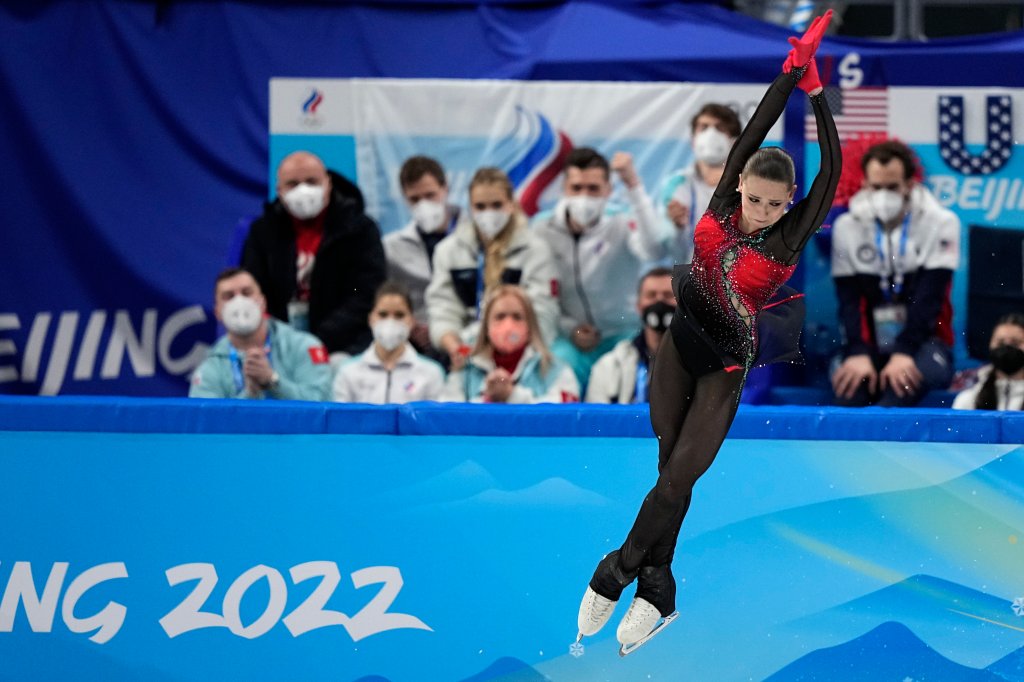 Kamila Valieva, of the Russian Olympic Committee, competes in the Women's Team Free Skate Program at the 2022 Winter Olympics, Feb. 7, 2022, in Beijing, China. Valieva made history becoming the first women's figure skater to land a quadruple jump at the olympics.