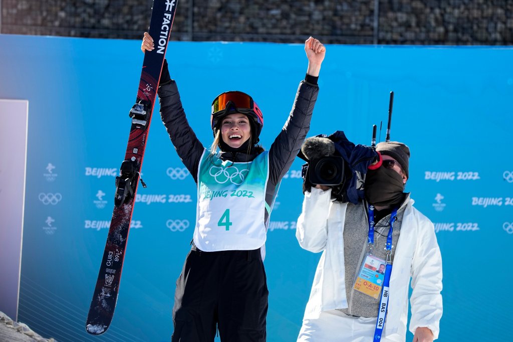 Eileen Gu, of China, reacts after winning the women's freestyle skiing big air finals of the 2022 Winter Olympics, Tuesday, Feb. 8, 2022, in Beijing.