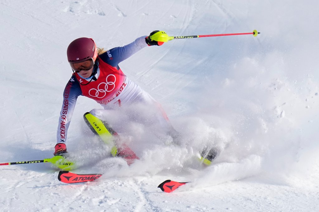 Mikaela Shiffrin, of the United States skis out in the first run of the women's slalom at the 2022 Winter Olympics, Wednesday, Feb. 9, 2022, in the Yanqing district of Beijing.