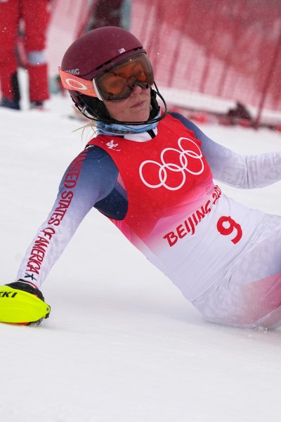 Mikaela Shiffrin of the United States crashes out during the women's combined slalom