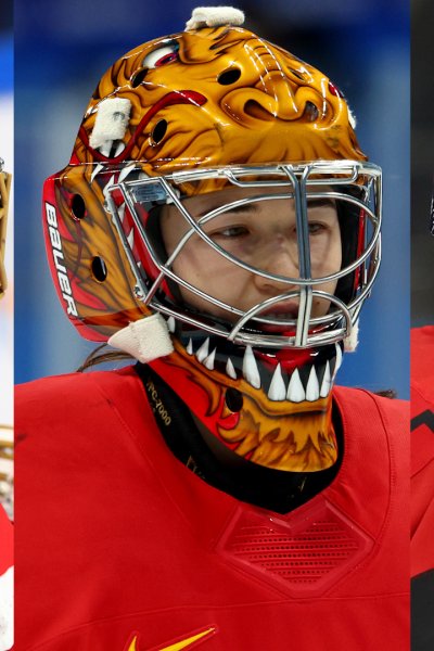 Various hockey goalie masks.