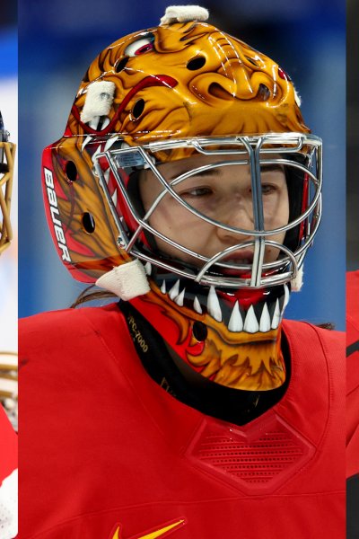 Various hockey goalie masks.