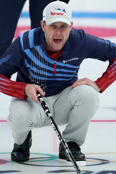 John Shuster during a curling match with Sweden.