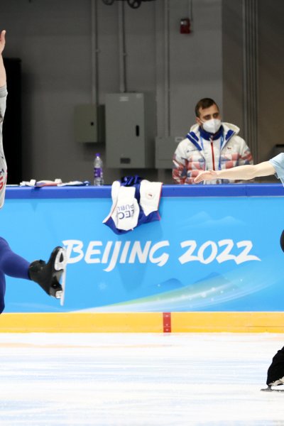 Figure skaters Ashley Cain-Gribble and Timothy LeDuc of the USA practice during a training session
