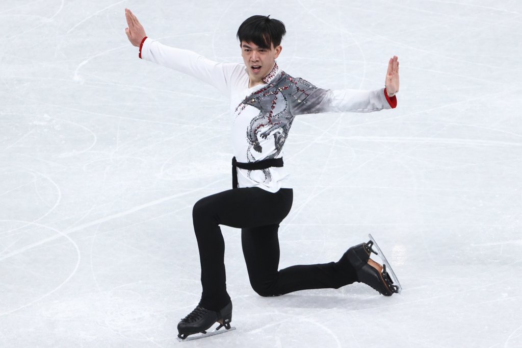 Vincent Zhou of Team USA performs during the Men's Free Skating event of the team figure skating competition at the 2022 Winter Olympic Games, at the Capital Indoor Stadium.
