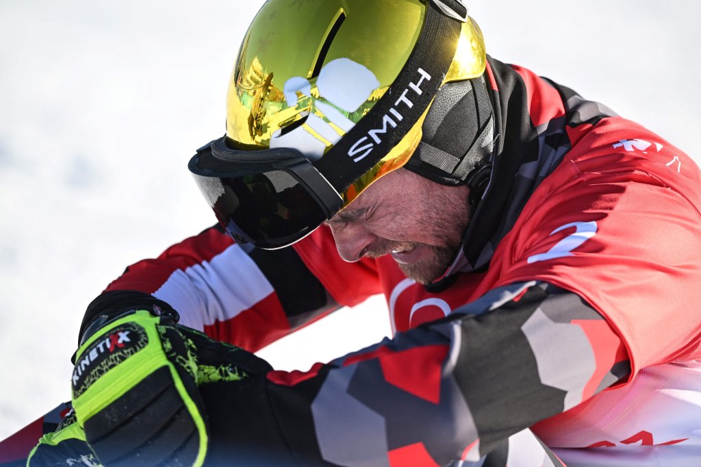 Austria's Benjamin Karl reacts after winning the snowboard men's parallel giant slalom final during the 2022 Winter Olympics at the Genting Snow Park P & X Stadium in Zhangjiakou, China on Feb. 8, 2022.